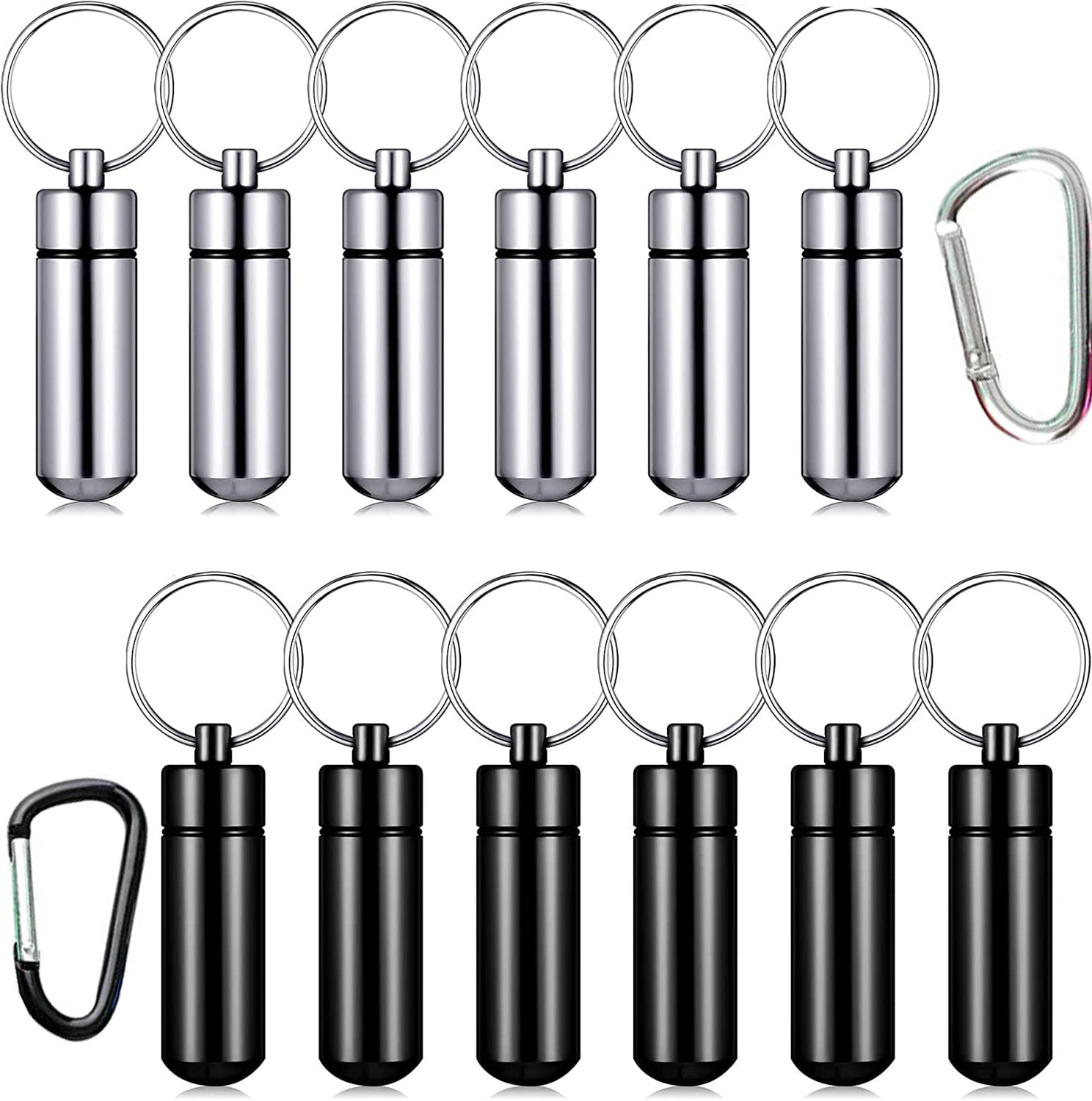 RUNCCI-YUN 12 Pack Keychain Pill Box，Mini Aluminum Pill Box Waterproof Organizer Case Portable Container Keychain+D-Shaped Key Chain for Outdoor Travel Camping (2 Colours)