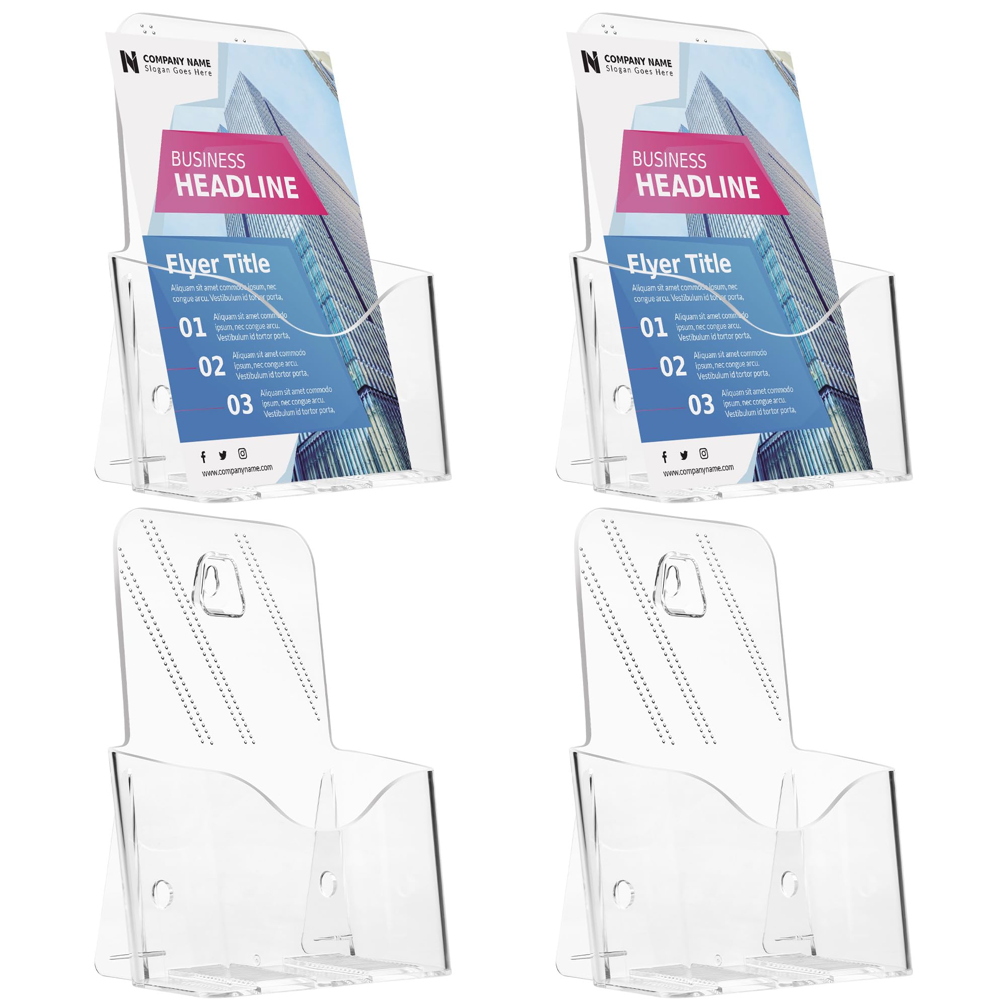 Photo 1 of Acrylic Brochure Holder 8.5 x 5.5 Inches, 4-Pack Clear Plastic Display Stand for Half-Fold Flyers, Pamphlets, Menus, Trifold Literature, Wall Mount or Countertop Use