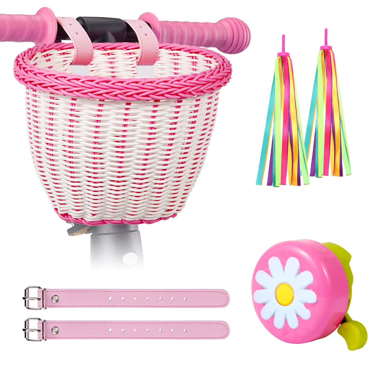 SVNR Kids Bike Basket, Wicker Girl Bike Baskets Pink White, Bikes Handle Bowknot Streamers and Bell, Children Cycling Basket with Spare Leather Straps, Easy Install Detachable