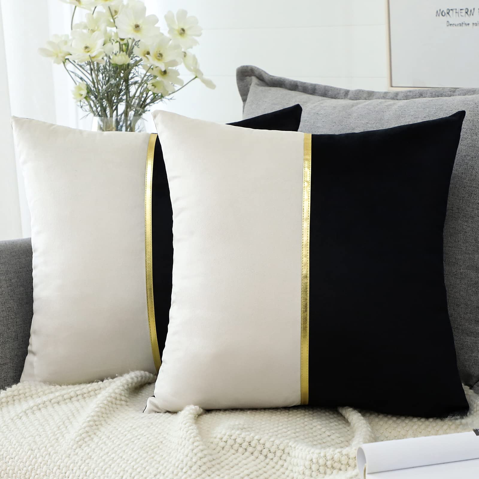 Artscope Black White Velvet Cushion Covers with Gold Leather Patchwork Luxury Modern Minimalist Square Pillowcase Throw Pillow Covers for Living Room Bed Couch Sofa 45x45cm Set of 2