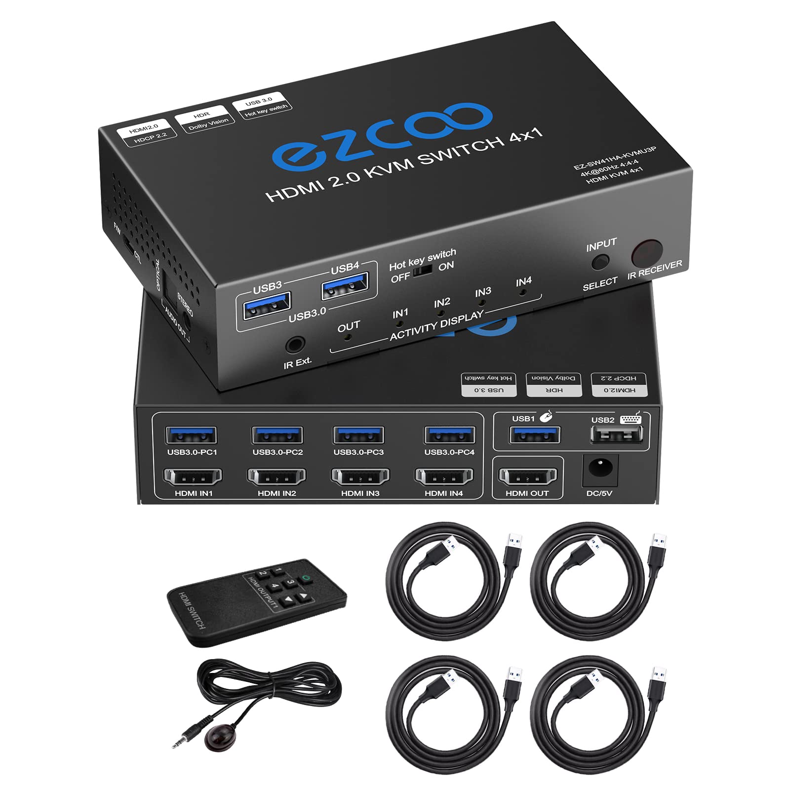 HDMI KVM Switch USB 3.0 4 Ports with Hotkey 4K 60Hz 18Gbps Share 4 Computers with one Keyboard Mous HDR D-olby Vision HDCP2.2 Remote Control USB3.0 CableX4