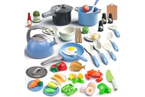 Bruvoalon 67Pcs Kids Play Kitchen Toys Set, Toddlers Pretend Cooking Playset Acccessories with Pots Pans, Utensils Cookware, Foods, Canned Veges, Learning Gift for Kids Girls Boys (Blue)