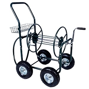 KARMAS PRODUCT 4 Wheels Portable Garden Hose Reel Cart  with Storage Basket  Rust Resistant Heavy Duty Water Hose Holder