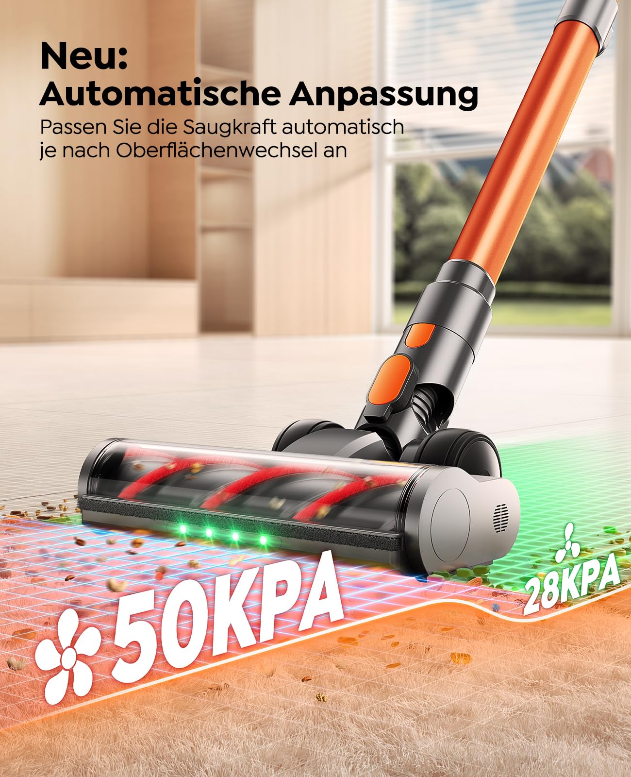 Fieety Akku Staubsauger,600W/50kPa/65Min Staubsauger Kabellos mit Wandmontierte Ladestation, Aromatherapie, Automatikmodus, Touchscreen, 1M Ausziehbarer Schlauch für Hartböden Teppiche Tierhaare Auto 5