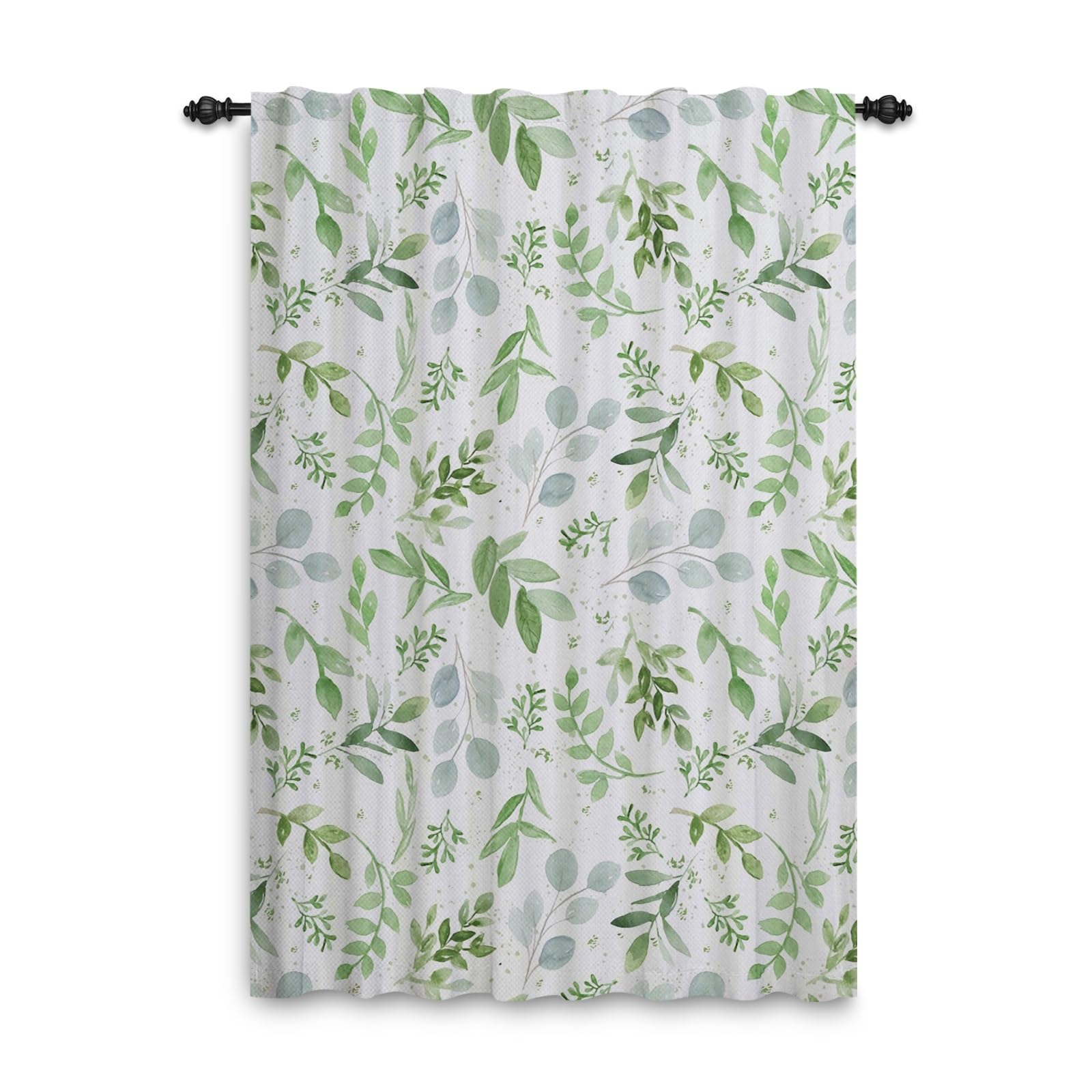 GGAIMWF Leaf Print Botanical Leaves Pattern Drapes Vintage Country Green Watercolor Farmhouse Pencil Pleat Curtains for Kitchen, Living Room, Balcony, Patio - 107x160cm, 1 Panel