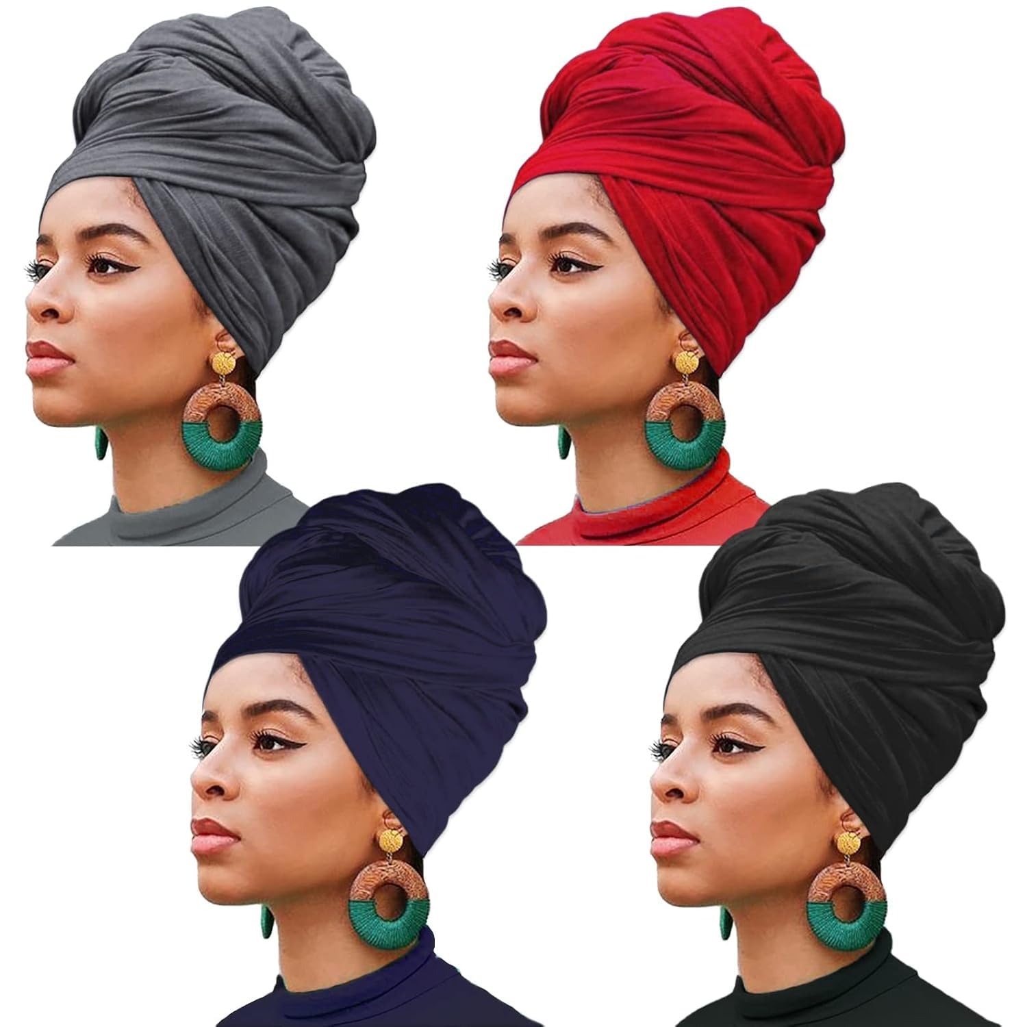 Xtrend 4 Pieces Stretch Jersey Turban Head Wrap Extra Long Knit Headwraps Urban Hair Ultra Soft Solid Color Lightweight Breathable African Head Band Tie for Women(Black,Navy,Dark Gray,Wine Red)