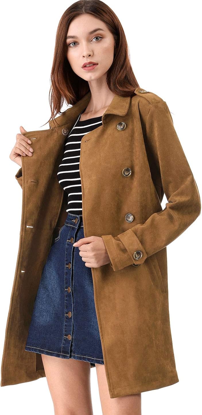 Allegra K Women's Notched Lapel Double Breasted Faux Suede Trench Coat Jacket with Belt: Clothing