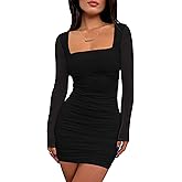 BORIFLORS Women's Sexy Ruched Bodycon Mini Dress Mesh Long Sleeve Club Party Short Dresses
