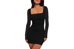 BORIFLORS Women's Sexy Ruched Bodycon Mini Dress Mesh Long Sleeve Club Party Short Dresses