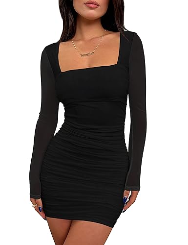 BORIFLORS Women's Sexy Ruched Bodycon Mini Dress Mesh Long Sleeve Club  Party Short Dresses, Small, Black in Dubai - UAE