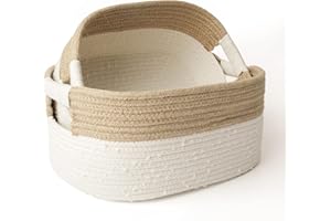 LA JOLIE MUSE Rectangle Storage Baskets Set of 2, Natural Soft Cotton and Jute Rope Baskets for Baby Nursery Kids Toys, Decorative Baskets for Organizing