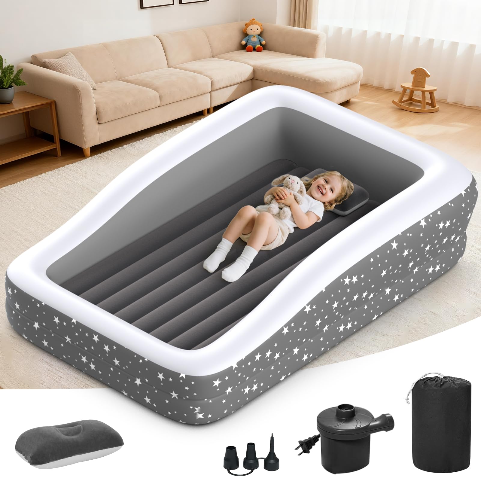 Photo 1 of Deeteck Inflatable Toddler Travel Bed-Portable Toddler Blow Up Mattress with Safety 4 Sides- Kids Air Mattress Travel Ideal for Camping and Sleepover- Easy to Inflate Deflate and Clean (67'',Grey)