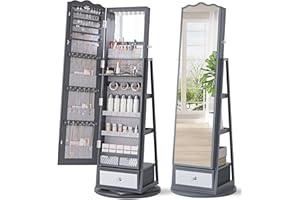 Dystler Full-Length Mirror Jewelry Cabinet: 360°Swivel Jewelry Armoire Cabinet with LED Lights - Built in Vanity Mirror Lockable Standing Jewelry Organizer with Large Capacity Shelves& Drawer Grey