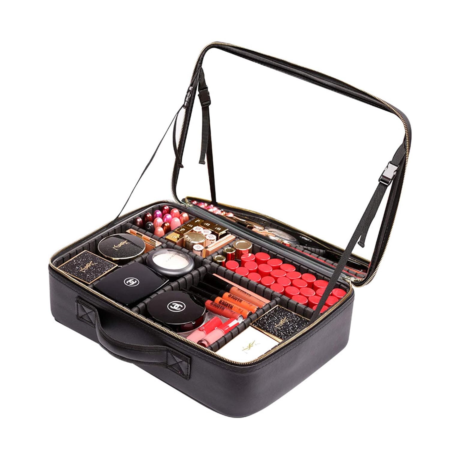 Rownyeon Makeup Train Case with Mirror Portable 14.5inch Cosmetic Organizer Professional Makeup Bag with Adjustable Dividers for Cosmetics Makeup Brushes and Toiletry Jewelry Digital Accessories