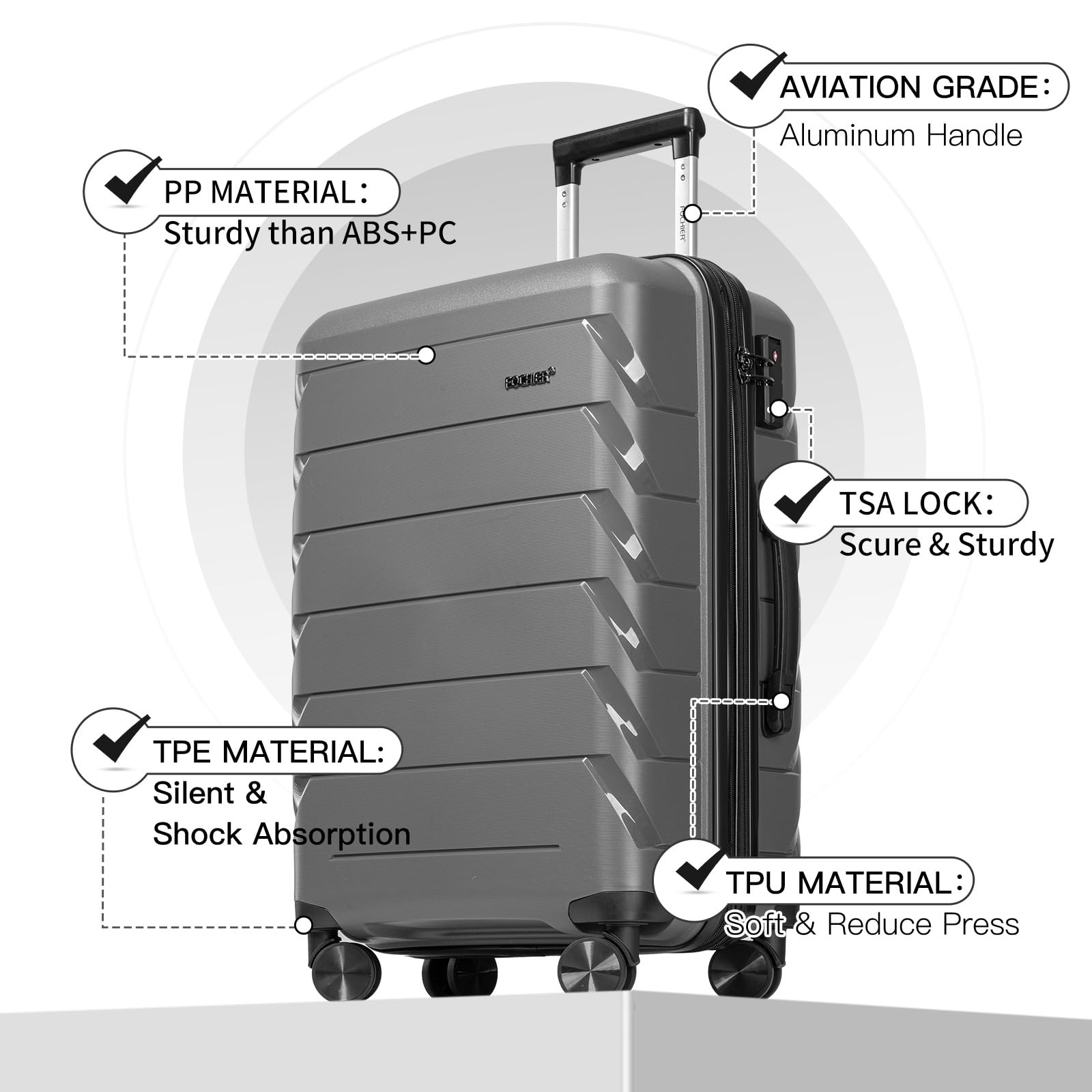 FOCHIER F Expandable Luggage Sets 3 Piece With TSA Lock,Luggage Set PP Material Travel Suitcase Set With Spinner Wheels for Men Women, 20''/24''/28'', Grey