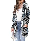 Veryoung Women's Lightweight Cardigan Casual Soft Long Sleeve Floral Knit Cardigans with Pockets High Low Hem Draped Duster