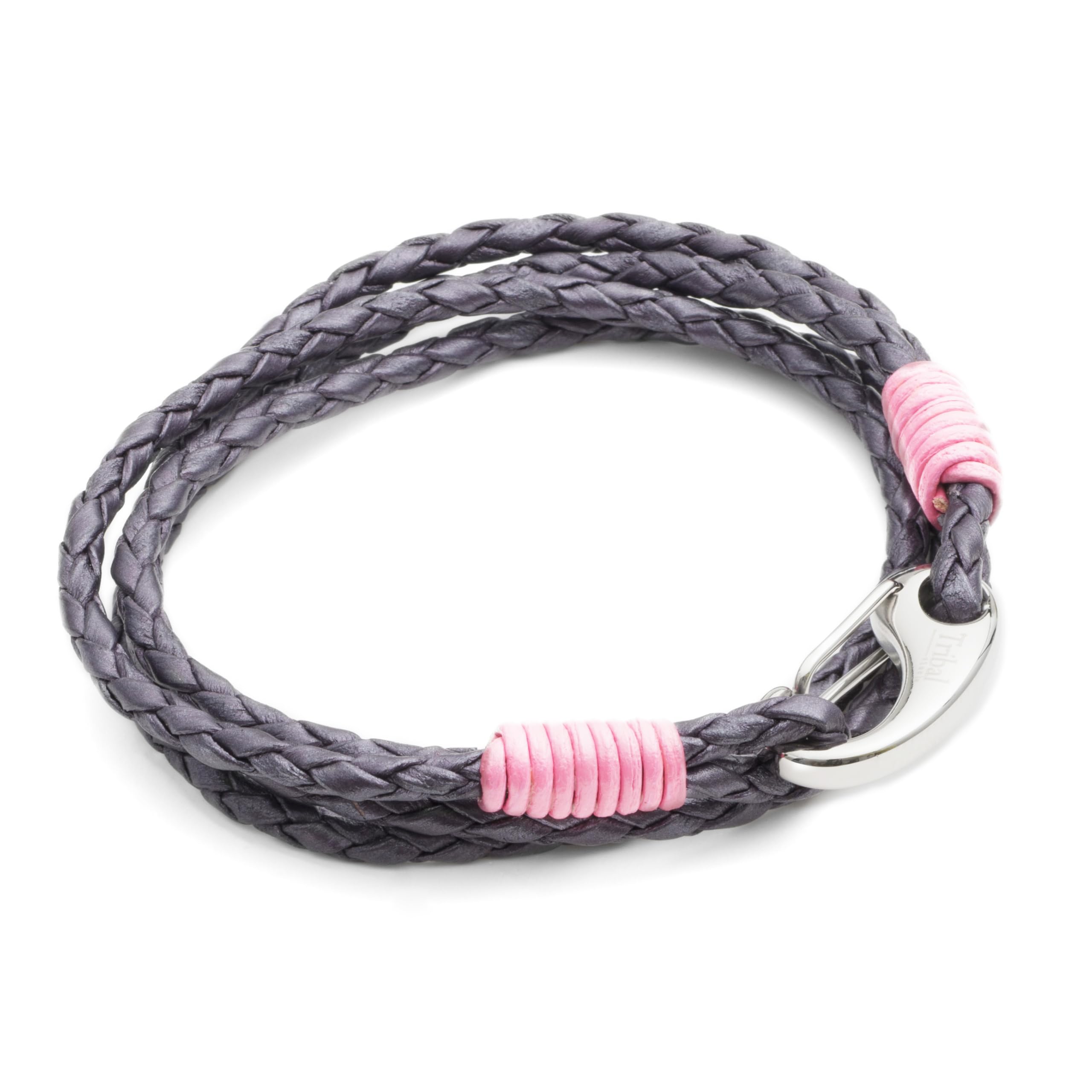 Tribal Steel Women's Berry Double Wrap Binding Bracelet - Ladies 19cm Leather Bracelet with Berry Binding, Stainless Steel Shrimp Clasp