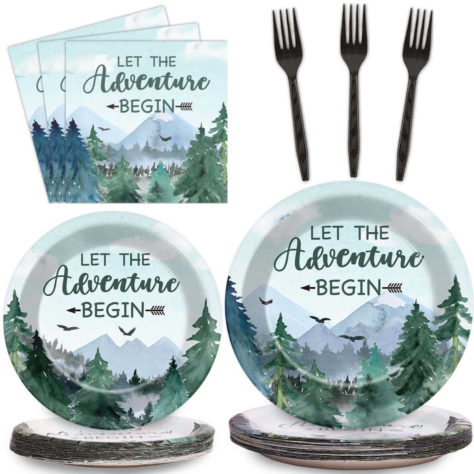 Photo 1 of Adventure Awaits Baby Shower Tableware Let The Adventure Begin Plates Pine Tree Mountain Wilderness Dinnerware Disposable Paper Dinnerware For Baby Shower Birthday Party Decor Supplies 24 Guests