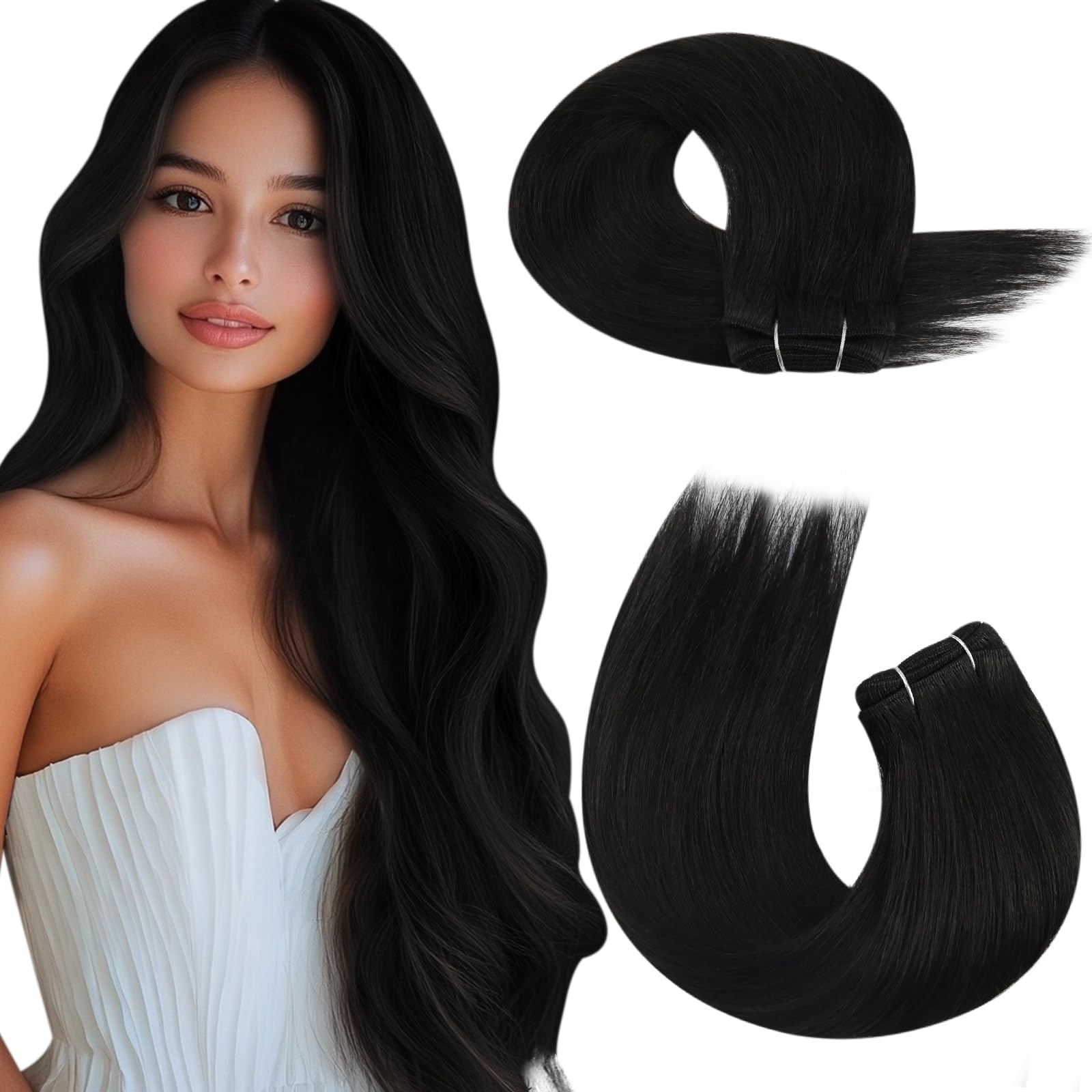 Moresoo Human Hair Weft 22 Inch Natural Black Sew in Weft Hair Extensions Real Human Hair Off Black 100g/Pack #1B — image 1