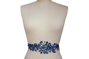 SUCCI SHAN Fashion! Pure Handmade Bright Crystal Patches Sew-on Blue Rhinestones Applique with Stones Sequins Beads DIY for Wedding Dress Decor Accessory 3.9x14.2″ Belt Waist Decoration