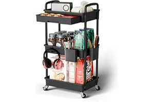 Sorgion 3 Tier Rolling Cart Organizer,Laundry Room Bathroom Organizers and Storage Office Shelves Mobile Shelving Unit Kitchen Trolley Cart with Wheels for Art,Craft,Diaper,Bedside,Snack(Black)