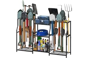 keomaisyto Garden Tool Organizer, Heavy Duty Yard Tool Tower Rack for Garage Organization and Storage, 3 Tier Utility Garden Tool Rack with hooks for Garden/Shed/Garage/Yard/Basement/Lawn