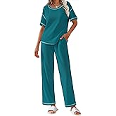 Ekouaer Women Waffle Knit Lounge Sets Short Sleeve Top and Long Pant Pajama Set Loungewear 2 Piece Pjs Set with Pockets