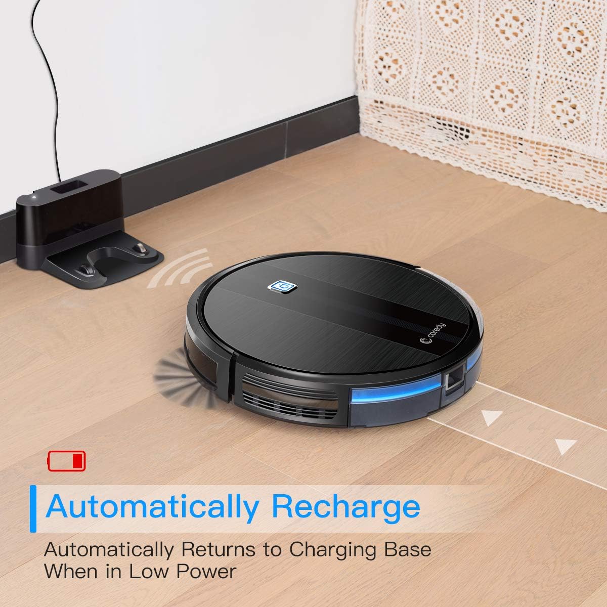 Coredy Robot Vacuum Cleaner, 1700Pa Strong Suction, Super Thin Robotic Vacuum, Multiple Cleaning Modes/Automatic Self-Charging Robot Vacuum for Pet Hair, Hard Floor to Medium-Pile Carpets -