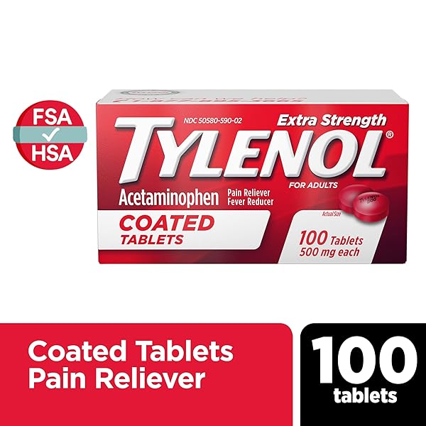 TYLENOL EXTRA STRENGTH PAIN RELIEVER & FEVER REDUCER, ROUND COATED TABLETS, 500 MG ACETAMINOPHEN PAIN RELIEF PILLS FOR HEADACHE, TOOTHACHE & MINOR ARTHRITIS PAIN, 100 CT