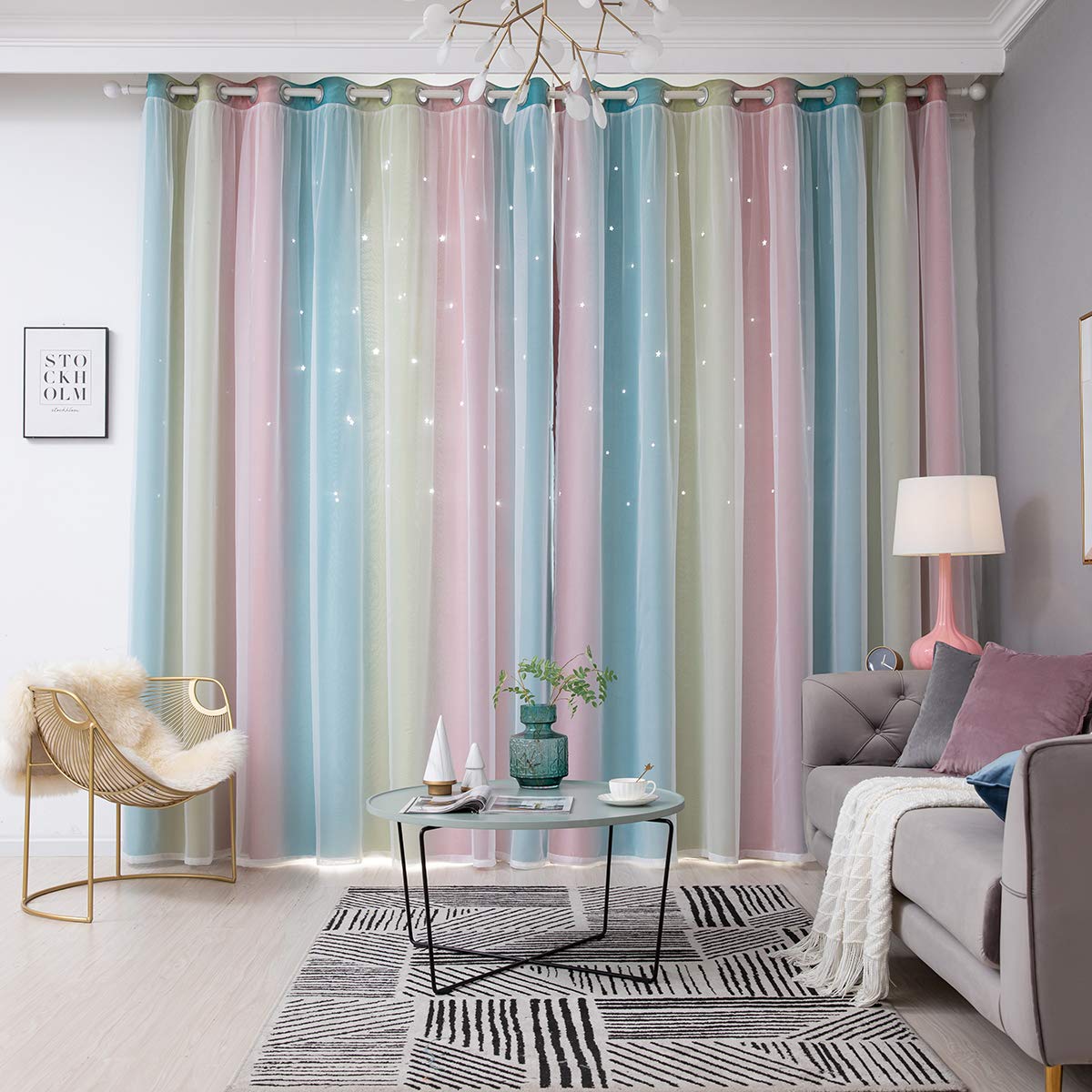 Stars Blackout Curtains for Girls Bedroom 1 Panel Colorful Star Cutout Double Layer Star Window Curtain Decor for Kids Bedroom, Living Room, Nursery Room (Blush Pink, W53" x L95")