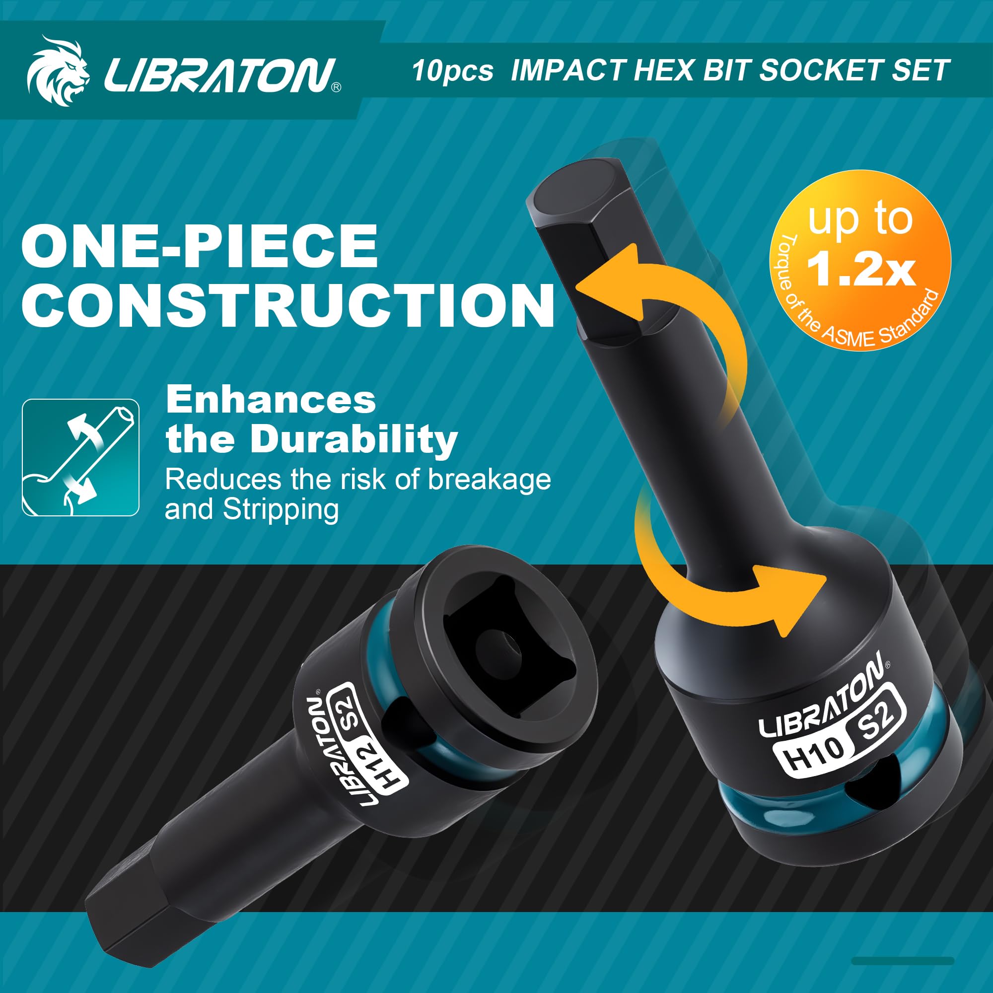 LIBRATON Schlag Hex Bit Steckschlüssel Set, 1/2” Kraft, S2-Stahl, 10-tlg Schlag-Sechskant-Bit-Steckschlüsselsatz H5-H19, Hex-Steckschlüssel, XPE-Aufbewahrung, Autoreparatur 3