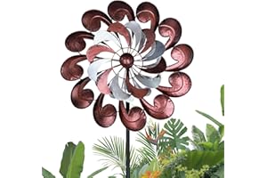 GUAGUA Classical Metal Wind Spinner Outdoor, 360 Degrees Swivel Wind Spinners for Yard and Garden, 74 Inch Kinetic Wind Sculptures Willow Leaves Patio Decor (Bronze & Red)
