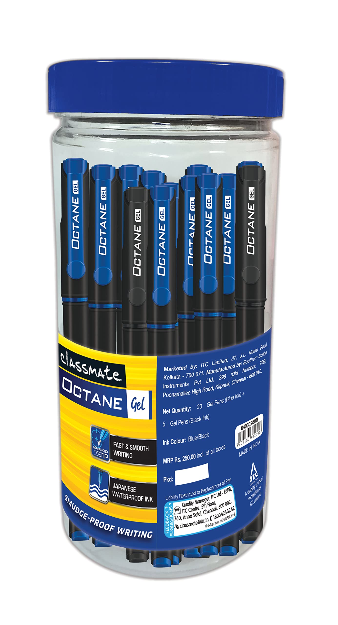 Classmate Octane Gel Pen (Blue & Black)- Pack of 25 + 10 Gel Refills FREE
