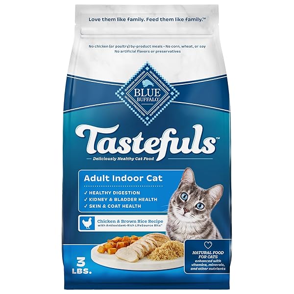 BLUE BUFFALO TASTEFULS ADULT INDOOR DRY CAT FOOD, CHICKEN & BROWN RICE, 3-LB BAG
