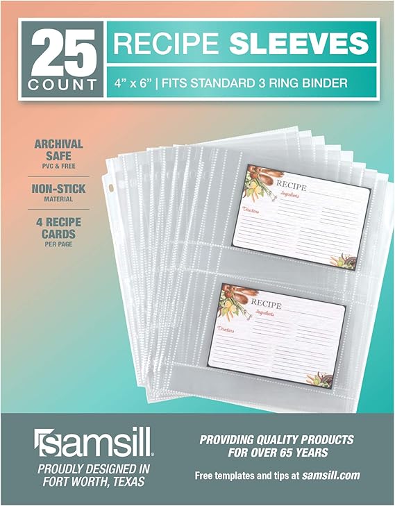 Samsill 4x6 Recipe Card Protectors/Recipe Organizer/Clear Protector