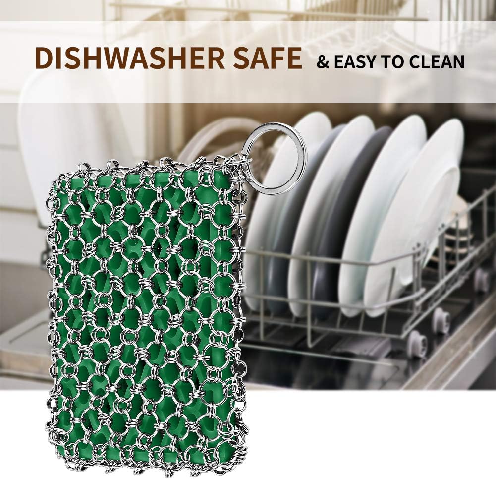 Herda Cast Iron Skillet Cleaner,Upgraded Chainmail Scrubber Set Silicone Insert with Bamboo Fiber Cloth,316 Stainless Steel 3D Chain Metal Scrubber Scraper for Castiron Pan,Griddle,Baking Pan (Green): Health & Personal Care