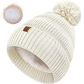HOPSOOKEN Winter Beanie Hats for Women with Faux Fur Pom Warm Cozy Knit Fleece Thermal Snow Ski Skull Cap for Cold Weather