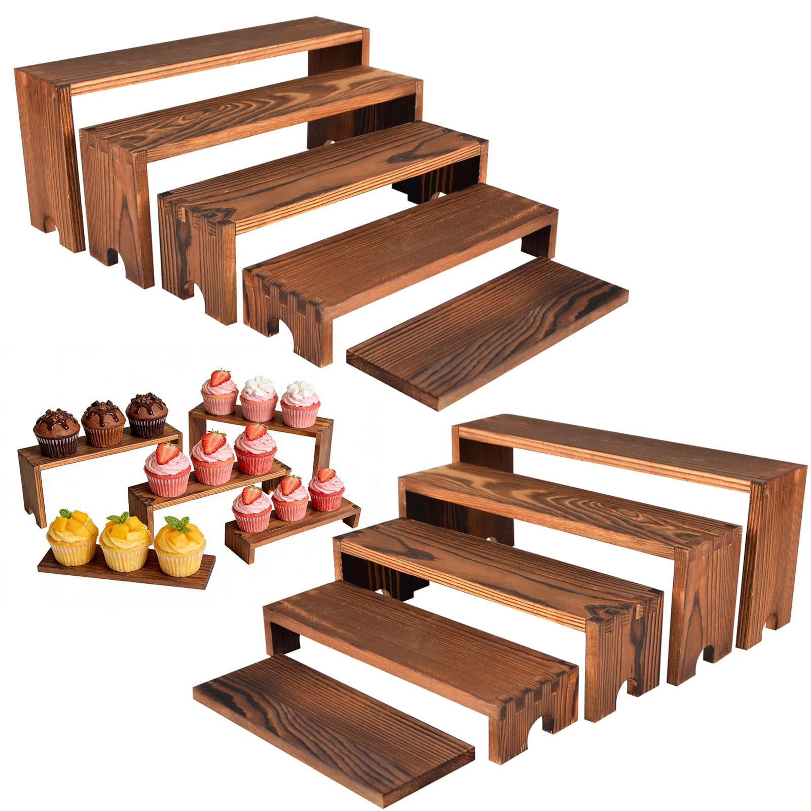 Photo 1 of 12 IN Large Wooden Tiered Riser Display Stands, 2Sets 5-Tier Wooden Cupcake Stand & Display Risers, 10PCS Stackable Tiered Shelf Perfume Organizer Dessert Table Cookie Display Stands for Vendor Events