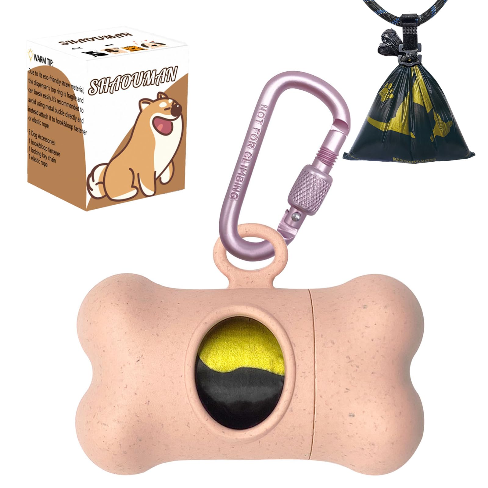 ShaoMan Dog Waste Dispenser with Leak-Proof Green Poop Bags and Safety Clip for Leash - On The Go for Walking Dogs Outdoor (1 Holder 15 Bags, Light Pink)