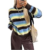 Verdusa Women's Striped Colorblock Cozy Sweaters Streetwear Fuzzy Pullover Knit Tops