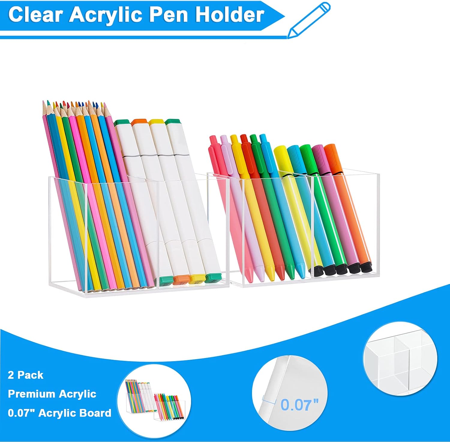 Vitviti Acrylic Pen Holder, Clear Desk Organizer, Pencil Cup Holder for Desk with 4 Compartments, Desktop Stationery Organizer for Home/Office Storage/School/Art Supply, Set of 2: Home Improvement