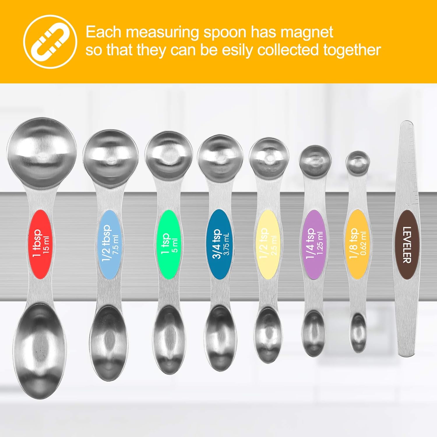 TEMEISI Magnetic Measuring Spoons Set, Dual Sided Stainless Steel Measuring Spoons Fits in Spice Jars, Stackable Teaspoon for Measuring Dry and Liquid Ingredients - Set of 8: Kitchen & Dining