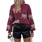 Milumia Women's Leopard Print Mock Neck Sweater Long Lantern Sleeve Ribbed Knit Fall Tops