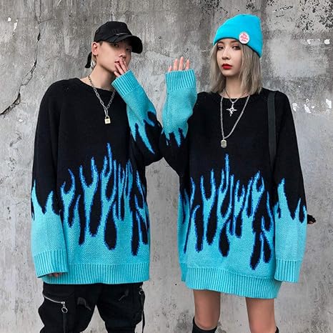 blue and black flame sweater