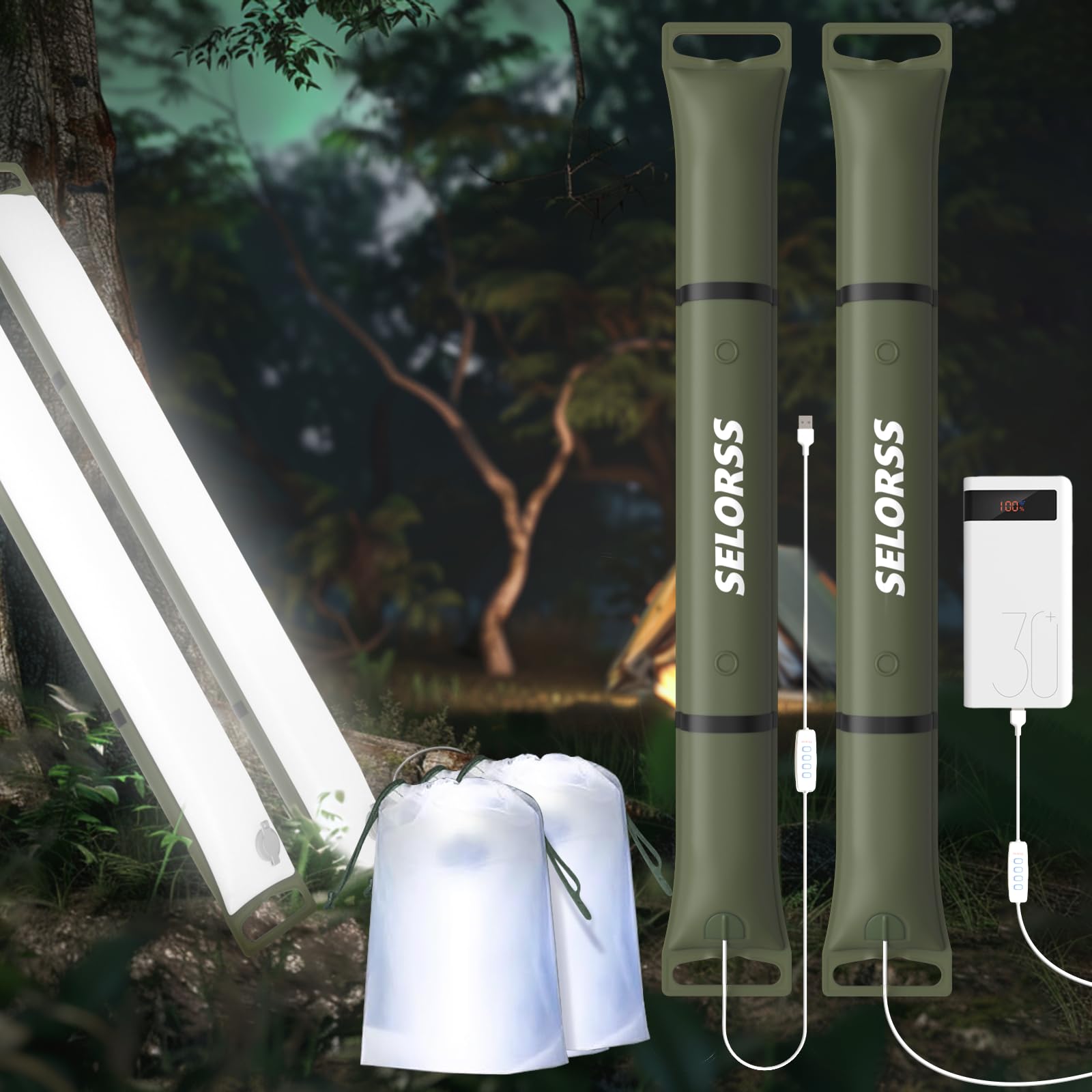 SELORSS Inflatable Camping Lights 33.86IN/86CM Foldable Outask Telescopic Lamp, Portable Outdoor LED Light IP66 Waterproof with Dimmable Bright USB for Camping, Hiking, Travel,Two Packs- Green