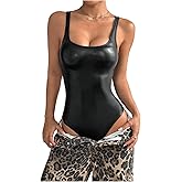 WDIRARA Women's PU Leather Bodysuit Square Neck Sleeveless Leotard Tank Body Suit