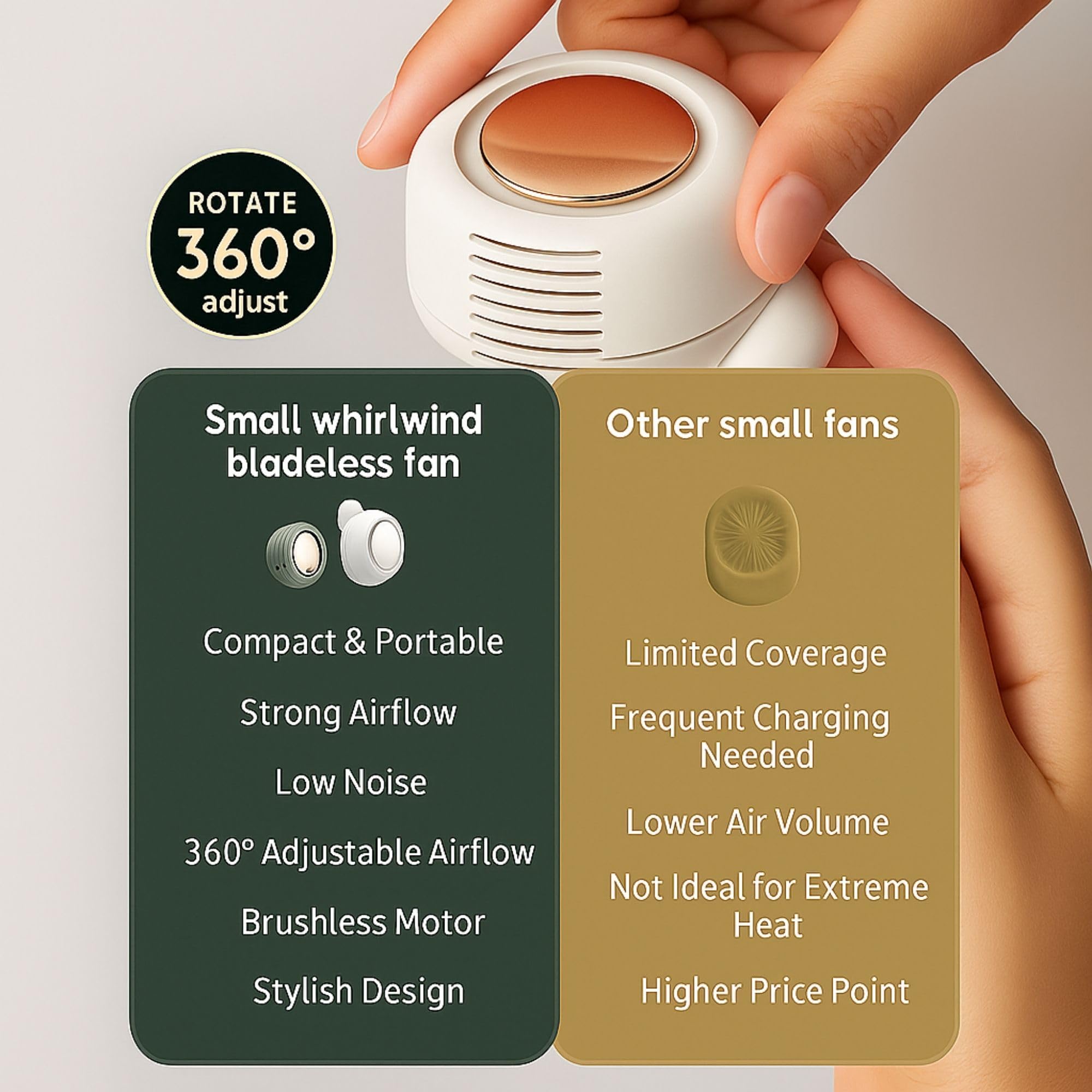 Portable Silent Mini Bladeless Clip-On Fan – Wearable Fan for Shirt Collar & Waist, Small USB-C Rechargeable Fan, Adjustable 3 Speeds, Hands-Free Cooling for Travel, Office, Bed & Outdoors