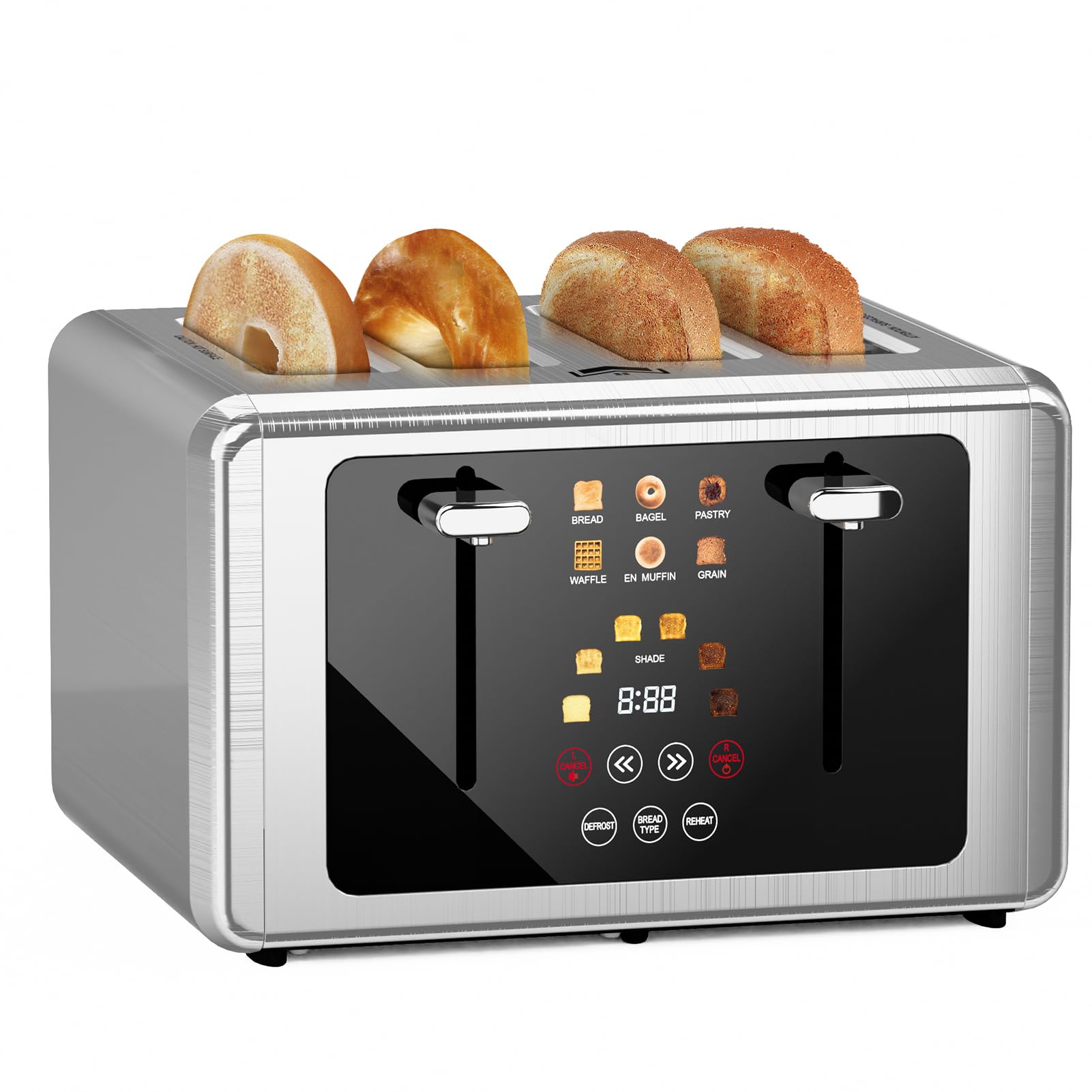 WUNLY Tostadora con Pantalla Táctil de 4 Rebanadas, Tostadora con Temporizador Digital de Acero Inoxidable con Función de Sonido/Apagado de Pantalla, 6 Tipos de Pan y Configuraciones de Sombra, Tostadora Inteligente con Ranuras Extra Anchas y Bagel, Descongelación, Acero Cepillado