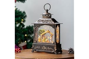 TIMEFLIES 12'' Musical Nativity Lighted Christmas Snow Globe Lantern 6H Timer Water Glittering Lantern for Home Decor & Gift