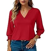 Blouses for Womens 3/4 Length Sleeve Casual Tops Loose V Neck T Shirt with Smocked Cuffs